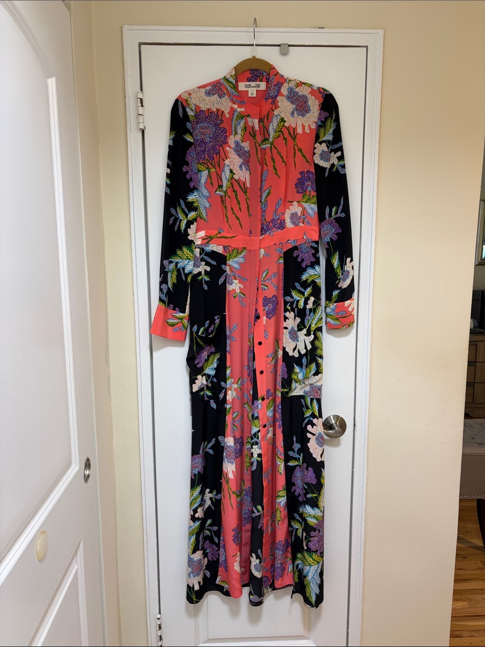 Diane Von Furstenberg Coral and Black Floral Maxi Shirt Dress worn once.